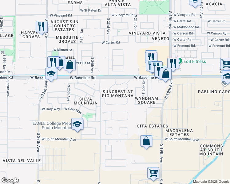 map of restaurants, bars, coffee shops, grocery stores, and more near 7715 South 22nd Lane in Phoenix