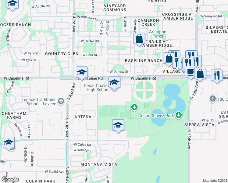map of restaurants, bars, coffee shops, grocery stores, and more near 3921 West Baseline Road in Phoenix