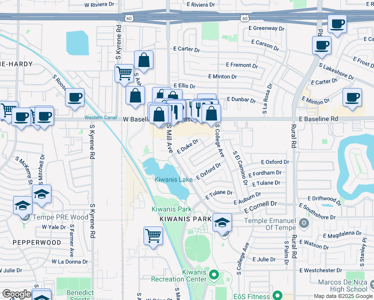 map of restaurants, bars, coffee shops, grocery stores, and more near 112 Deborah Avenue in Tempe