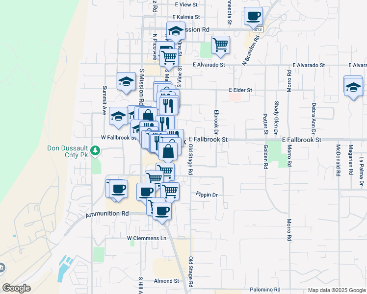 map of restaurants, bars, coffee shops, grocery stores, and more near 725 Old Stage Road in Fallbrook