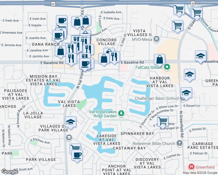map of restaurants, bars, coffee shops, grocery stores, and more near 1814 East Catamaran Drive in Gilbert