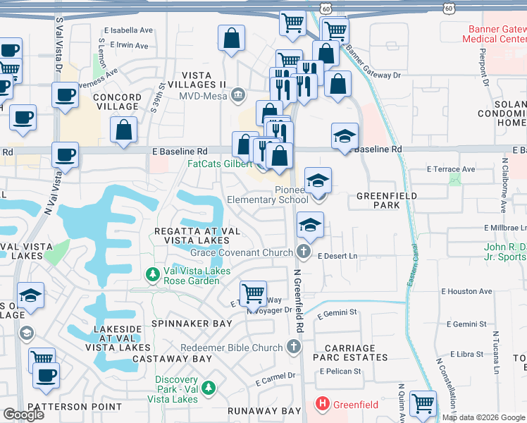 map of restaurants, bars, coffee shops, grocery stores, and more near 1410 North San Joaquin Drive in Gilbert