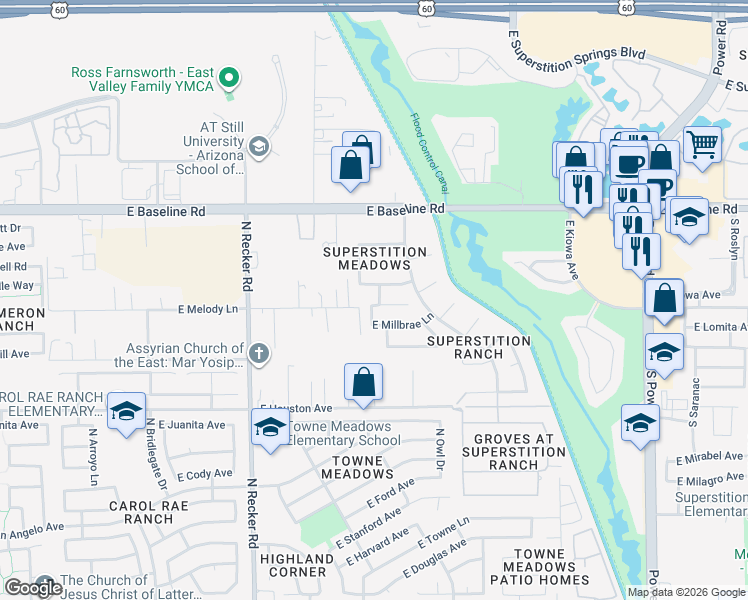 map of restaurants, bars, coffee shops, grocery stores, and more near 4257 East Michelle Avenue in Gilbert