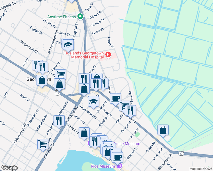 map of restaurants, bars, coffee shops, grocery stores, and more near 1185 Palmetto Street in Georgetown