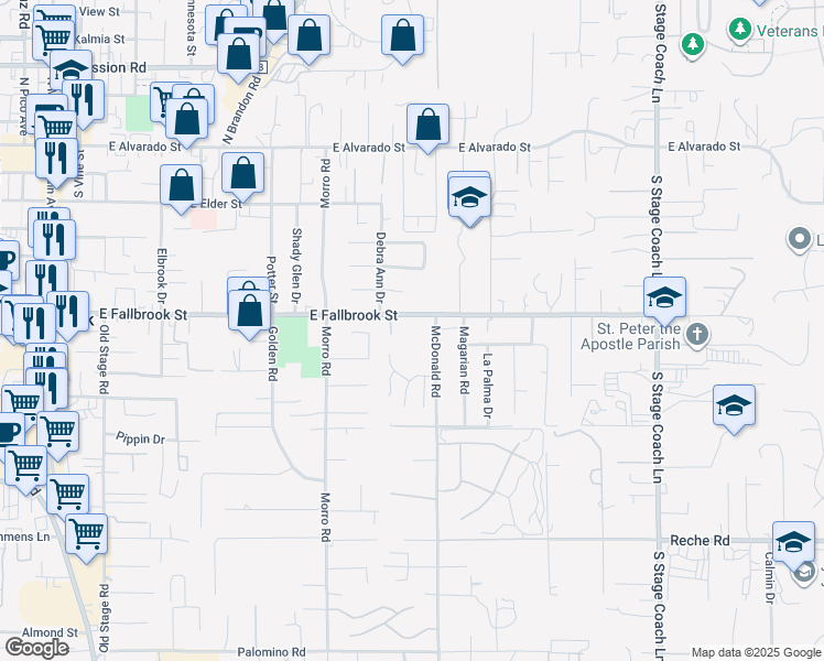 map of restaurants, bars, coffee shops, grocery stores, and more near 1065 East Fallbrook Street in Fallbrook