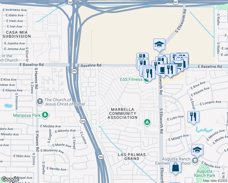 map of restaurants, bars, coffee shops, grocery stores, and more near 8865 East Baseline Road in Mesa