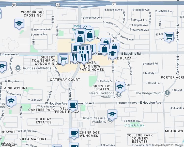 map of restaurants, bars, coffee shops, grocery stores, and more near 1500 North Sunview Parkway in Gilbert