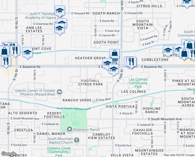 map of restaurants, bars, coffee shops, grocery stores, and more near 1432 East Valencia Drive in Phoenix