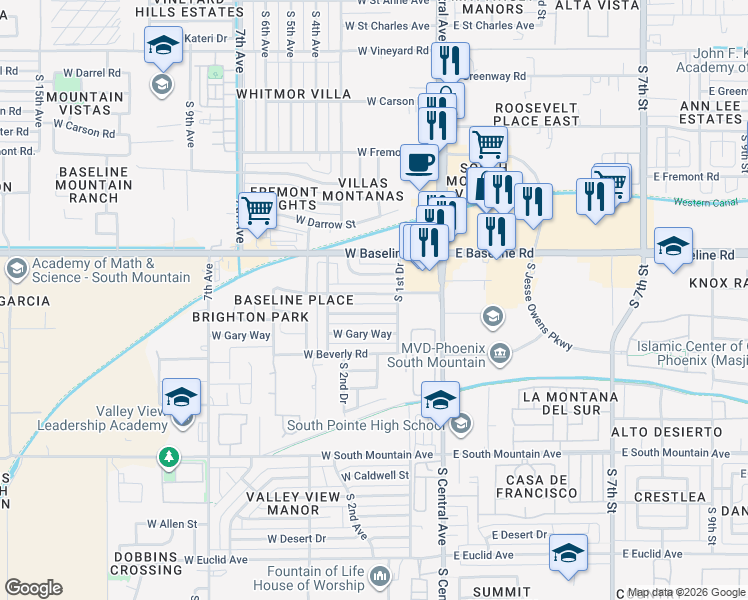 map of restaurants, bars, coffee shops, grocery stores, and more near 106 West Harwell Road in Phoenix