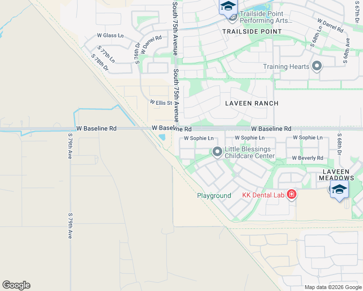 map of restaurants, bars, coffee shops, grocery stores, and more near 7708 South 74th Lane in Phoenix