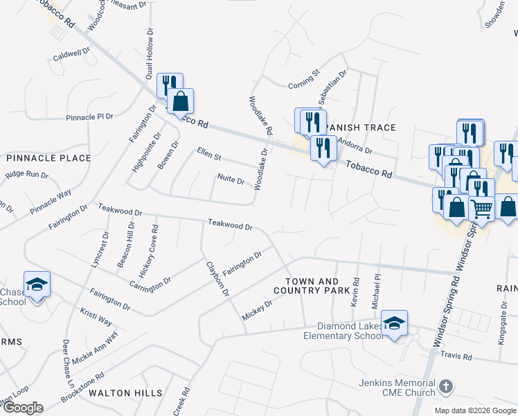 map of restaurants, bars, coffee shops, grocery stores, and more near 3828 Woodlake Drive in Hephzibah