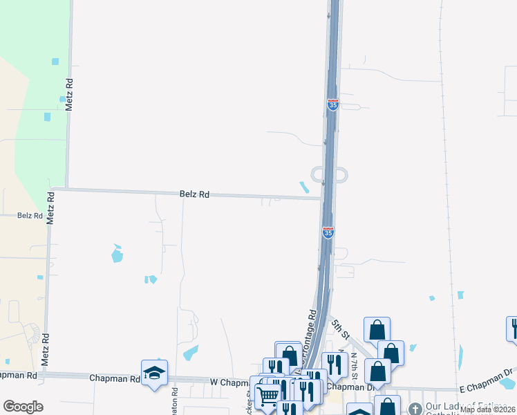 map of restaurants, bars, coffee shops, grocery stores, and more near 3119 Belz Road in Sanger