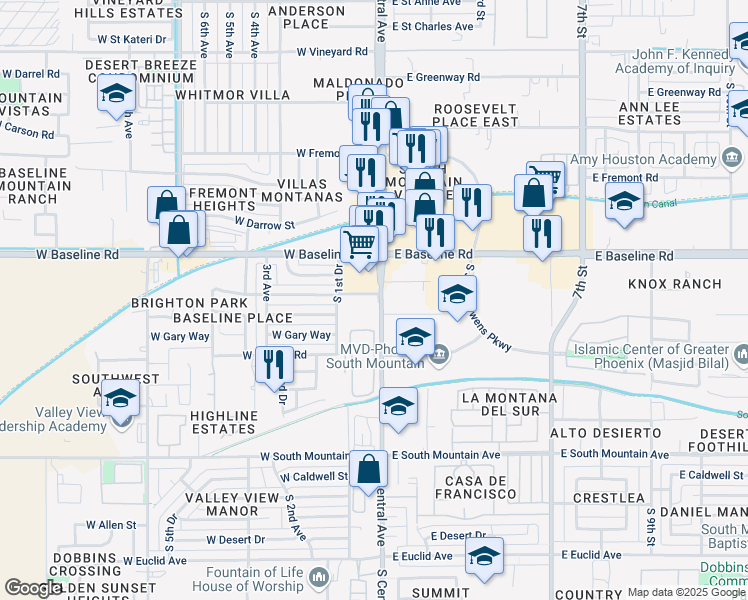 map of restaurants, bars, coffee shops, grocery stores, and more near 12 West Harwell Road in Phoenix