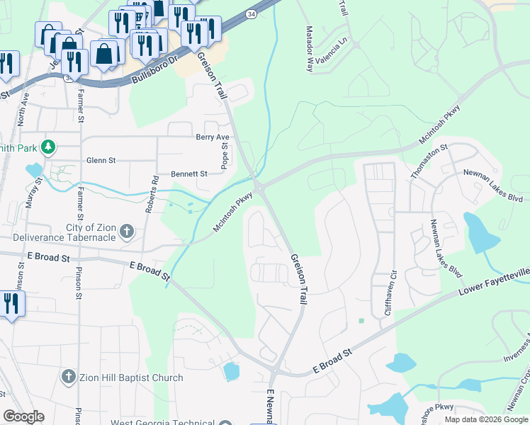 map of restaurants, bars, coffee shops, grocery stores, and more near 169 Chastain Way in Newnan
