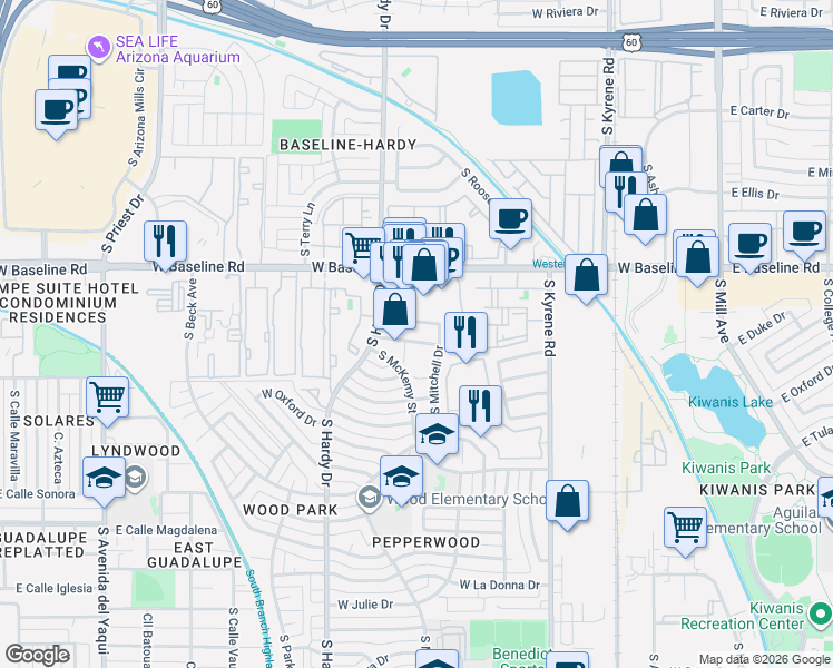 map of restaurants, bars, coffee shops, grocery stores, and more near 809 West Rice Drive in Tempe