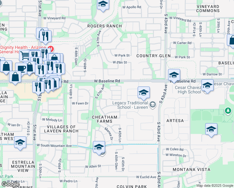map of restaurants, bars, coffee shops, grocery stores, and more near 4532 West Valencia Drive in Phoenix