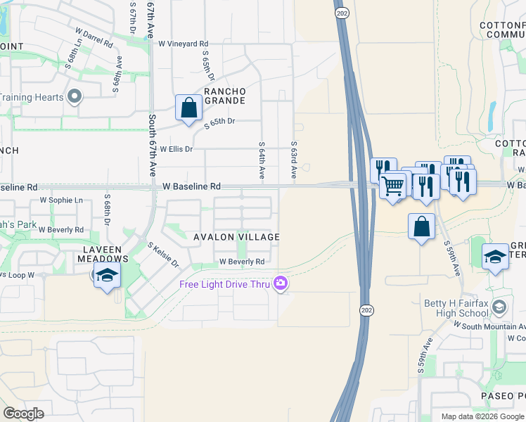 map of restaurants, bars, coffee shops, grocery stores, and more near 6314 West Valencia Drive in Phoenix