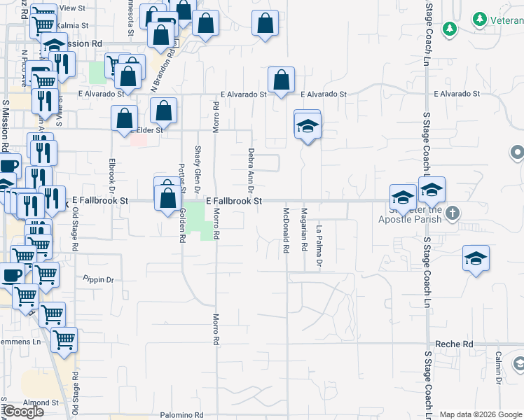 map of restaurants, bars, coffee shops, grocery stores, and more near 715 Sutton Hill Place in Fallbrook