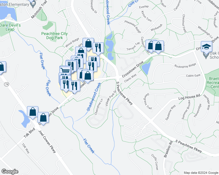 map of restaurants, bars, coffee shops, grocery stores, and more near 201 Crosstown Drive in Peachtree City