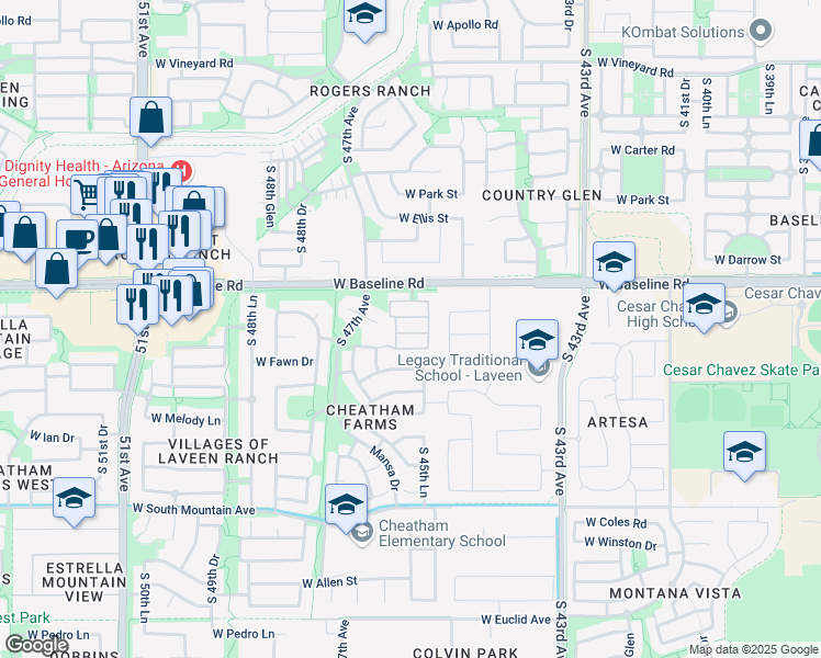 map of restaurants, bars, coffee shops, grocery stores, and more near 4532 West Valencia Drive in Phoenix