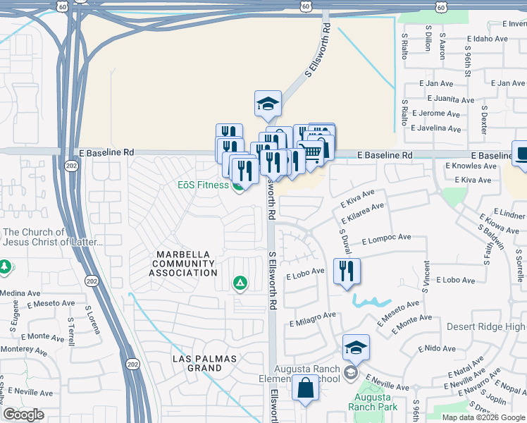map of restaurants, bars, coffee shops, grocery stores, and more near 2132 South Bernard in Mesa