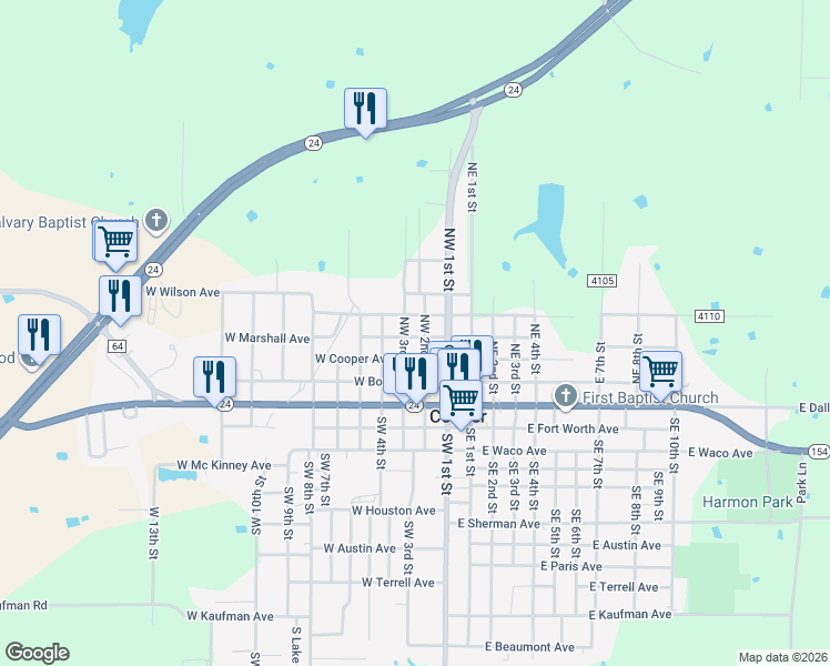 map of restaurants, bars, coffee shops, grocery stores, and more near 311 Northwest 2nd Street in Cooper