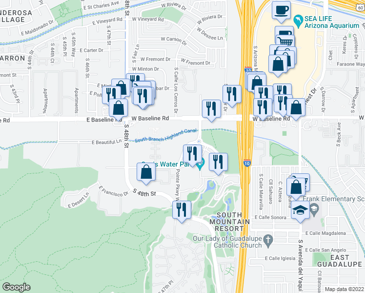 map of restaurants, bars, coffee shops, grocery stores, and more near 7776 South Pointe Parkway East in Phoenix