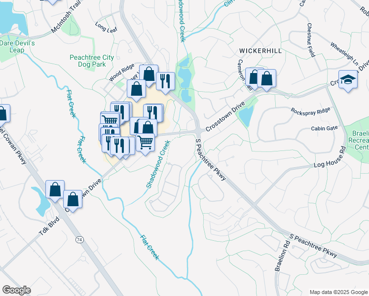 map of restaurants, bars, coffee shops, grocery stores, and more near 201 Crosstown Drive in Peachtree City