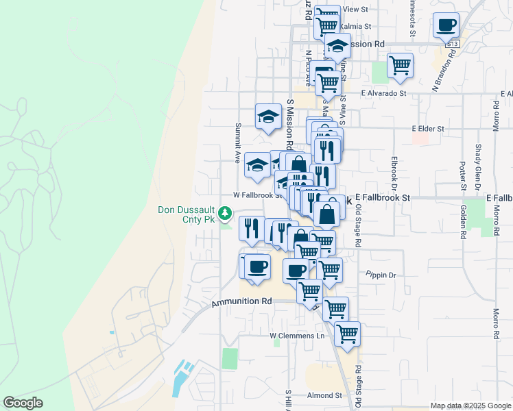 map of restaurants, bars, coffee shops, grocery stores, and more near 422 West Fallbrook Street in Fallbrook