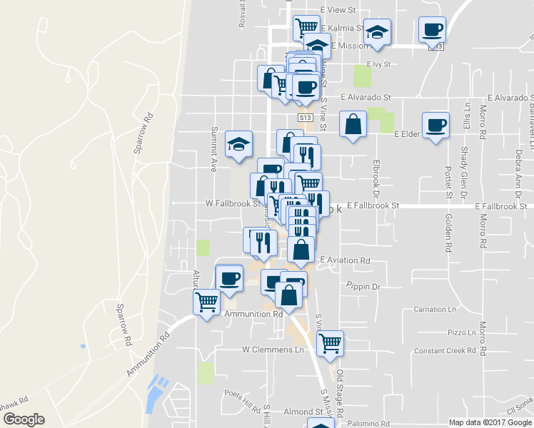 map of restaurants, bars, coffee shops, grocery stores, and more near in Fallbrook