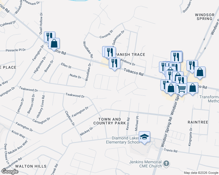 map of restaurants, bars, coffee shops, grocery stores, and more near 2590 Tobacco Road in Hephzibah