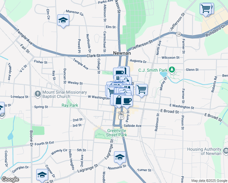 map of restaurants, bars, coffee shops, grocery stores, and more near 16 Jackson Street in Newnan