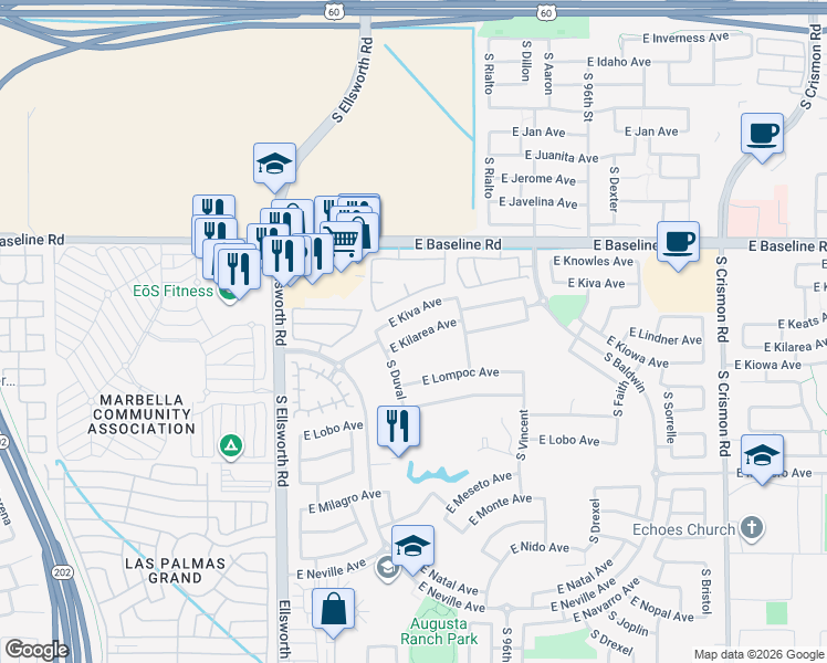 map of restaurants, bars, coffee shops, grocery stores, and more near 9434 East Kilarea Avenue in Mesa