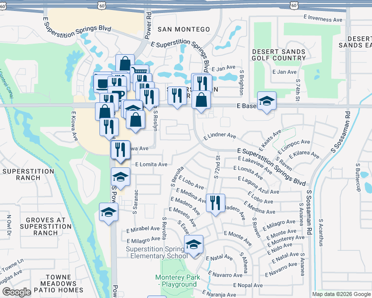 map of restaurants, bars, coffee shops, grocery stores, and more near 7038 East Lakeview Avenue in Mesa