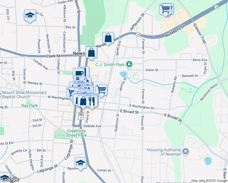 map of restaurants, bars, coffee shops, grocery stores, and more near 77 Field Street in Newnan