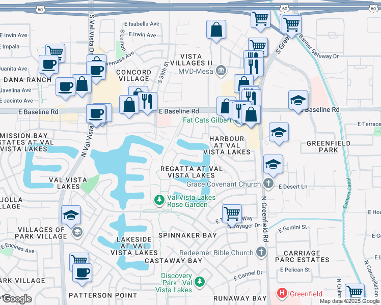 map of restaurants, bars, coffee shops, grocery stores, and more near 2044 East Catamaran Drive in Gilbert