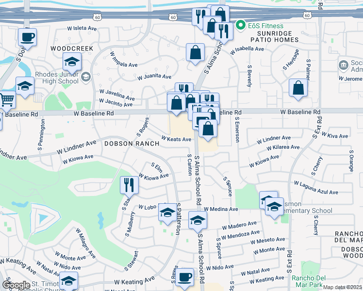 map of restaurants, bars, coffee shops, grocery stores, and more near 1249 West Keats Avenue in Mesa