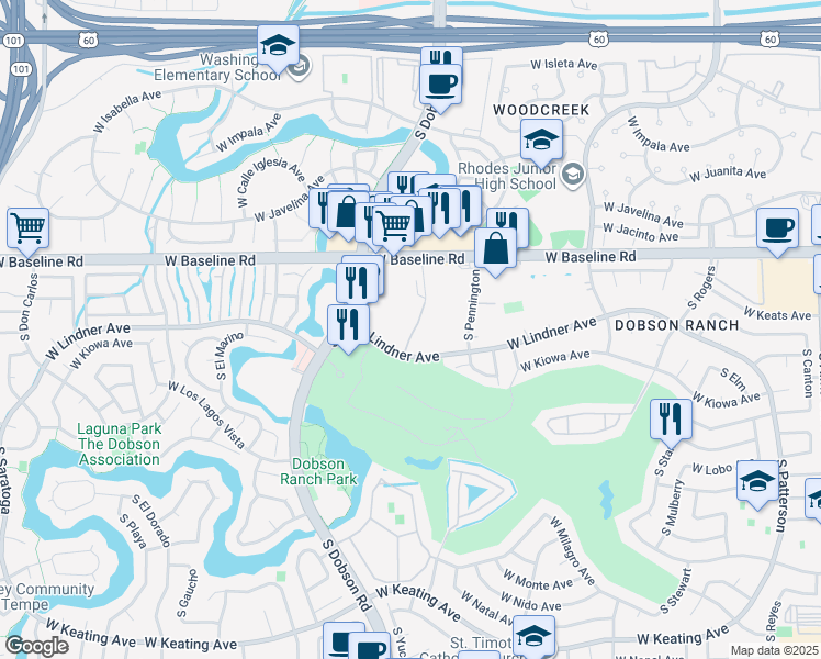 map of restaurants, bars, coffee shops, grocery stores, and more near 1920 West Lindner Avenue in Mesa