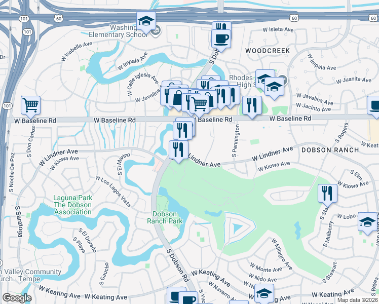 map of restaurants, bars, coffee shops, grocery stores, and more near 2051 South Dobson Road in Mesa