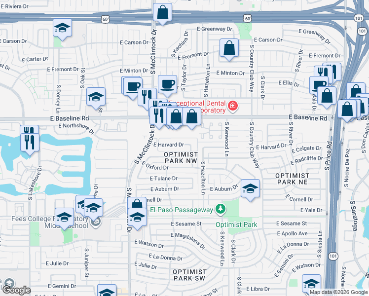 map of restaurants, bars, coffee shops, grocery stores, and more near 1870 East Harvard Drive in Tempe
