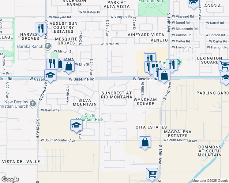map of restaurants, bars, coffee shops, grocery stores, and more near 7715 South 22nd Lane in Phoenix