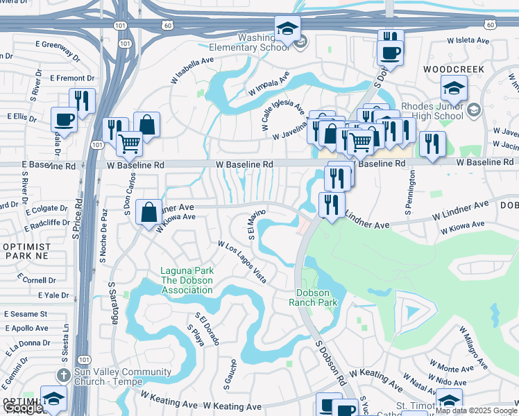 map of restaurants, bars, coffee shops, grocery stores, and more near 2208 West Lindner Avenue in Mesa