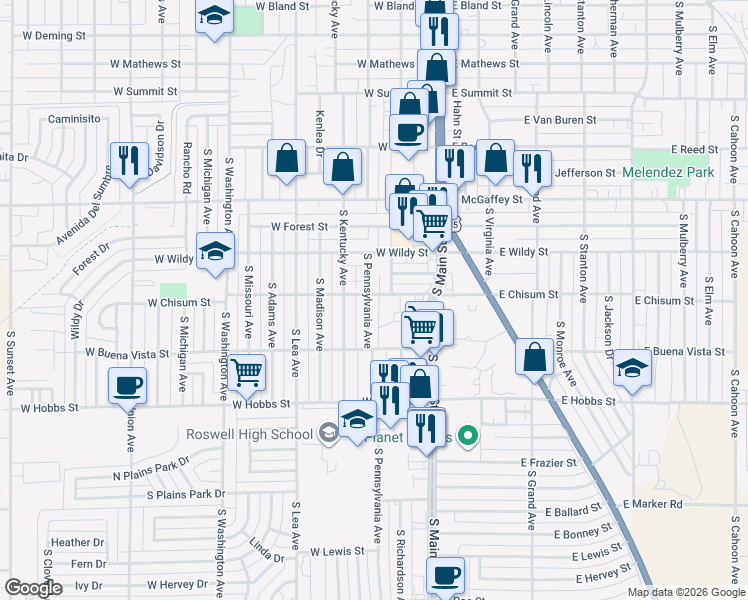 map of restaurants, bars, coffee shops, grocery stores, and more near 301-399 West Chisum Street in Roswell