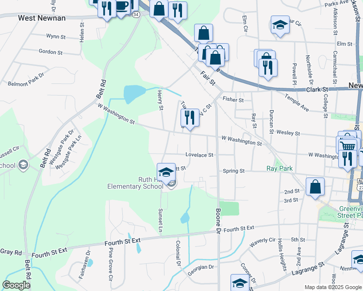 map of restaurants, bars, coffee shops, grocery stores, and more near 9 Center Court in Newnan