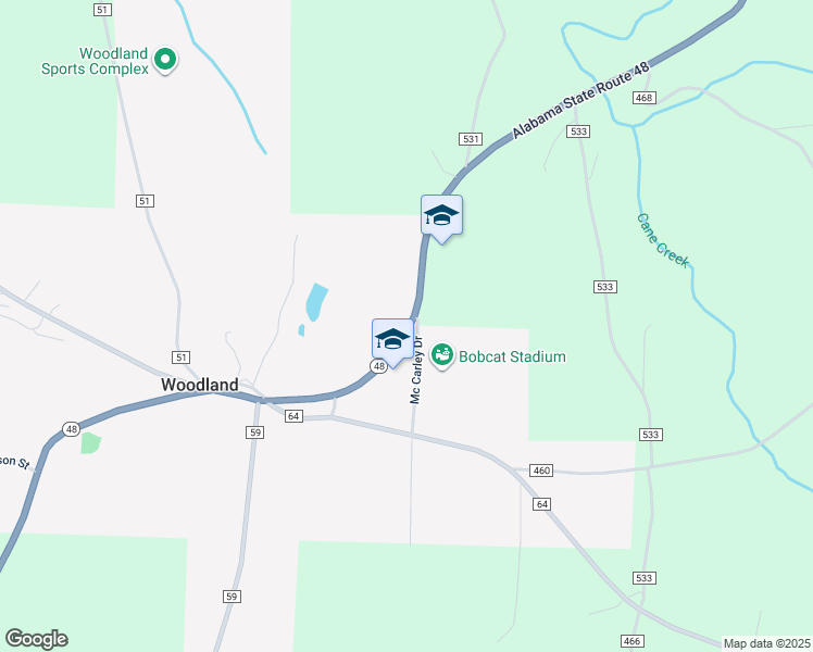 map of restaurants, bars, coffee shops, grocery stores, and more near 24775 Alabama 48 in Woodland