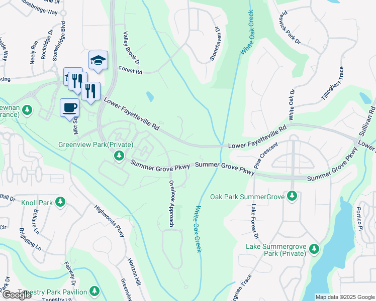 map of restaurants, bars, coffee shops, grocery stores, and more near 44 Woodmere in Newnan