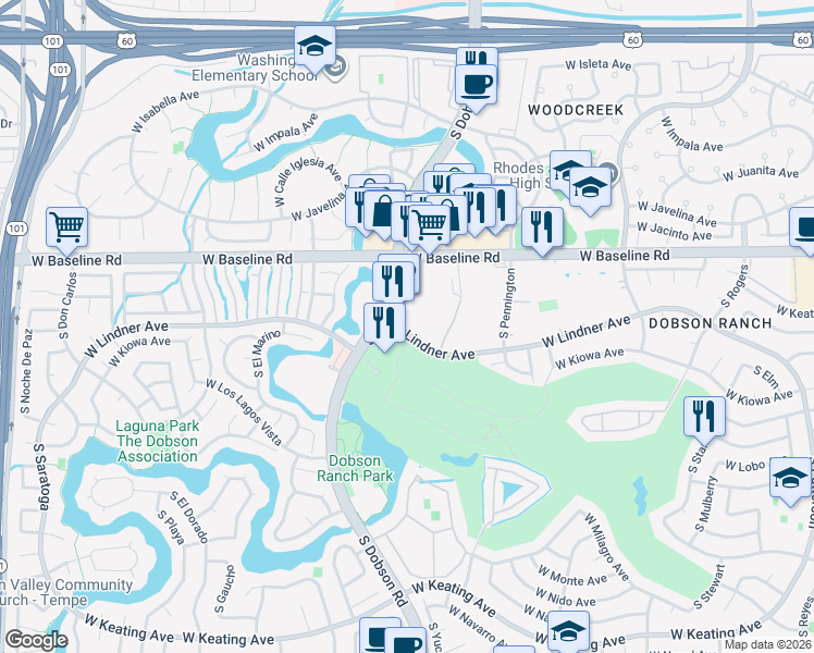 map of restaurants, bars, coffee shops, grocery stores, and more near 2051 South Dobson Road in Mesa