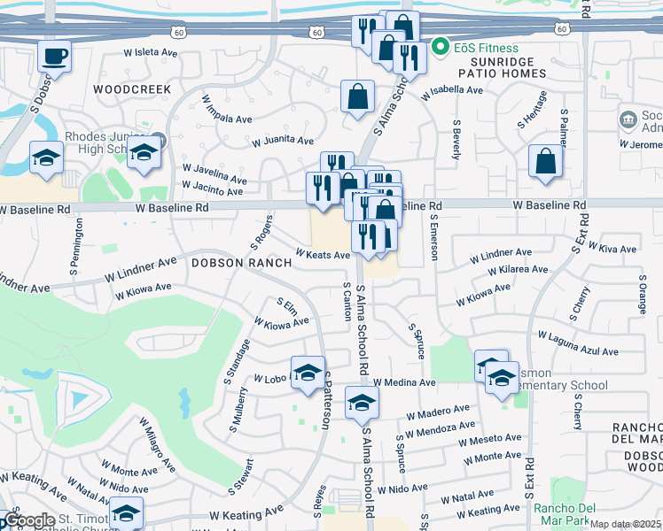 map of restaurants, bars, coffee shops, grocery stores, and more near 1249 West Keats Avenue in Mesa