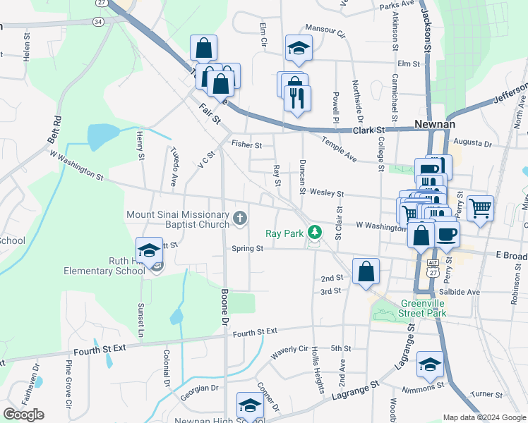 map of restaurants, bars, coffee shops, grocery stores, and more near 88 West Washington Street in Newnan