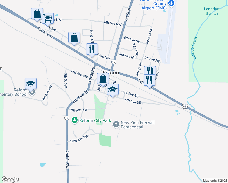 map of restaurants, bars, coffee shops, grocery stores, and more near 3rd Avenue Southeast in Reform